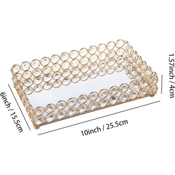 Crystal Mirrored Cosmetic Tray Vanity Rectangle Jewelry Trinket Organizer Tray - Picture 3 of 7